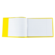 Ein offenes Notizbuch mit gelbem Einband und leeren, linierten Seiten.