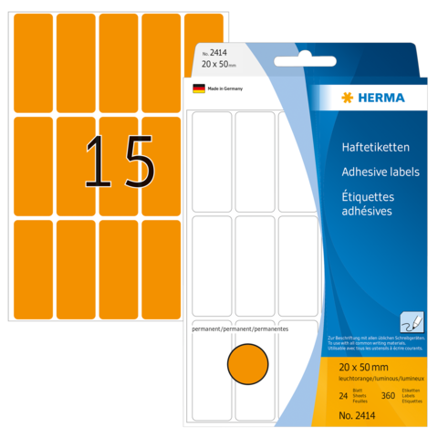 Orange Haftetiketten mit der Größe 20 x 50 mm, 24 Stück, permanent, auf einer Verpackung von HERMA.