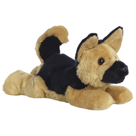 Plüschspielzeug eines Deutschen Schäferhundes, liegend mit braunem und schwarzem Fell, detailreiche Darstellung.