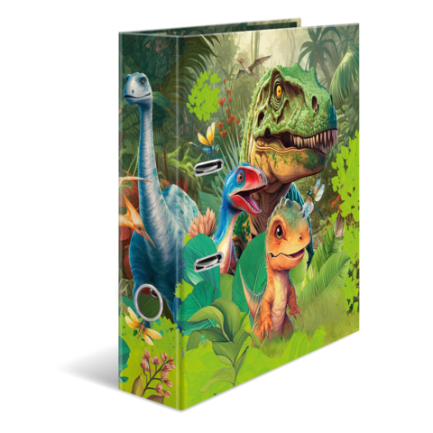 Ein Ordner mit farbenfrohen Dinosaurier-Illustrationen, darunter ein T-Rex, ein Brachiosaurus und ein kleiner Dinosaurier, umgeben von Pflanzen.