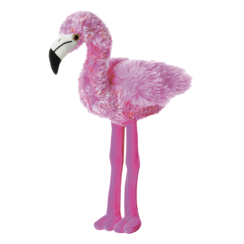 Plüschflamingo mit pinkem Gefieder und langen, rosa Beinen, aufrecht stehend.