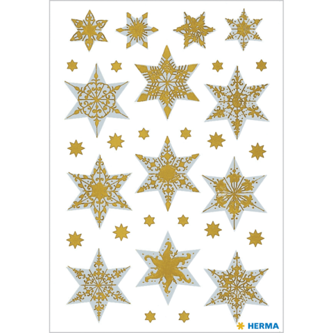 Goldene Sterne in verschiedenen Designs auf weißem Hintergrund, einschließlich geometrischer und floraler Muster.