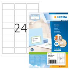 Etikettenblatt mit 24 leeren Feldern und einer Verpackung von Herma Etiketten, die eine kostenlose Software zur Erstellung von Etiketten bewirbt.