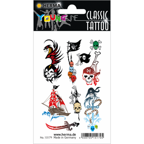 Bogen mit temporären Tattoos, darunter Piratenschiffe, Totenköpfe, Schlangen und Flaggen in verschiedenen Designs.