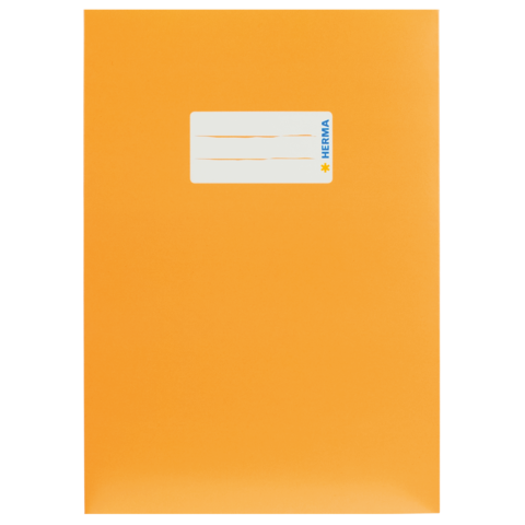 Oranges Ordner mit einem weißen Etikett oben links, auf dem "HERMA" steht.