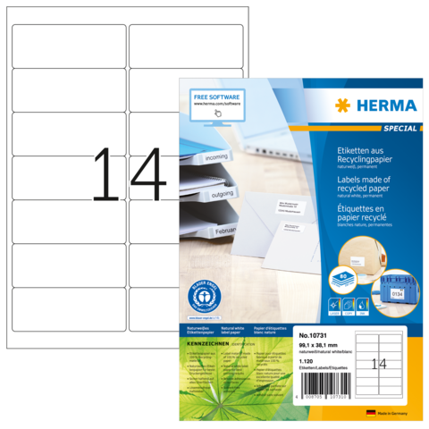 Etikettenbogen aus Recyclingpapier mit 14 beschriftbaren Feldern, verpackt in einer blauen und weißen Hülle von Herma.