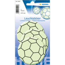 Drei leuchtende Sticker in Form von Fußbällen, verpackt auf einer blauen Karte. Jeder Sticker hat ein schwarzes Muster auf grünlichem Hintergrund.