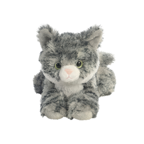 Plüschkatze mit grauem Fell, großen Augen und einem süßen Gesichtsausdruck, sitzt aufrecht und hat einen buschigen Schwanz.