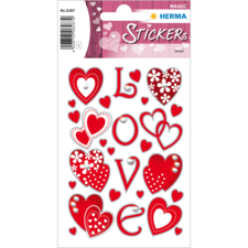 Rote Herzaufkleber und Buchstaben, die "LOVE" bilden, auf einem Stickerbogen. Enthält verschiedene Herzdesigns und Blumenmuster.