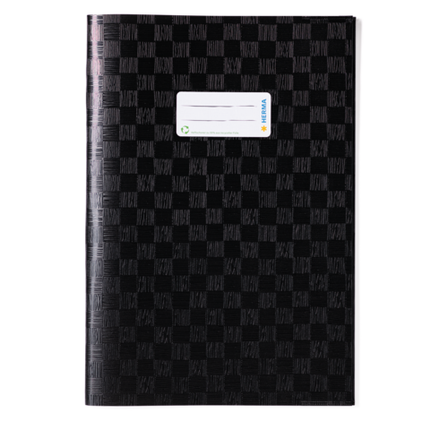 Schwarzes Notizbuch mit einem strukturierten Muster und einem weißen Etikett auf der Vorderseite.