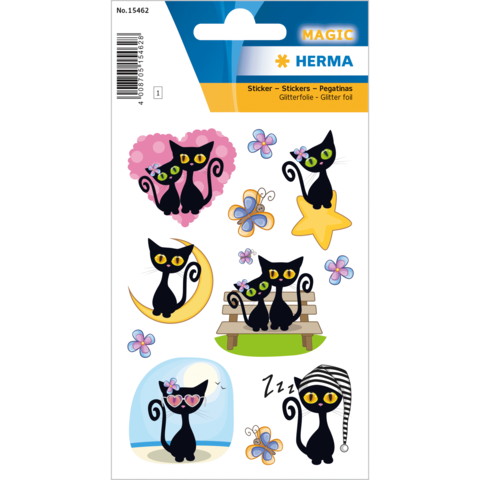 Aufkleber mit verschiedenen schwarzen Katzenmotiven, darunter Herzen, Sterne, Blumen und eine schlafende Katze in einem Zelt.