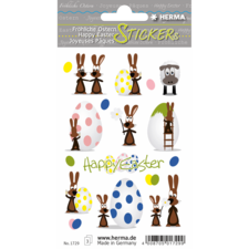 Aufkleber mit Osterhasen, bunten Eiern und einem Schaf, beschriftet mit "Frohe Ostern" in verschiedenen Sprachen.