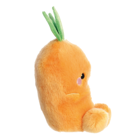 Plüschfigur in Form einer Karotte mit grünen Blättern oben und einem neutralen Gesichtsausdruck.