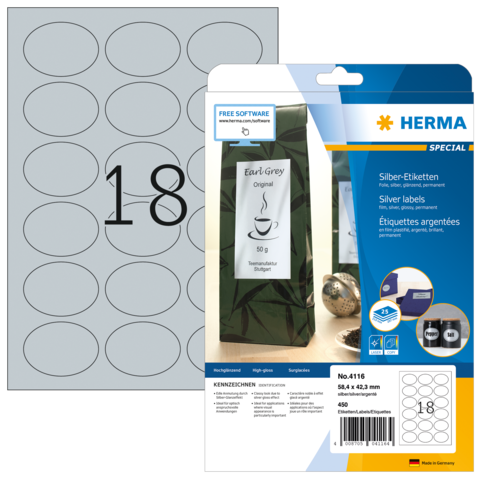Silberne Etiketten auf einem Bogen, verpackt in einer blauen und weißen Verpackung mit der Aufschrift "Earl Grey" und der Nummer 18.