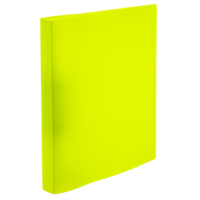Ein leuchtend gelbes, geschlossenes Ringbuch mit abgerundeten Ecken, das aufrecht steht.