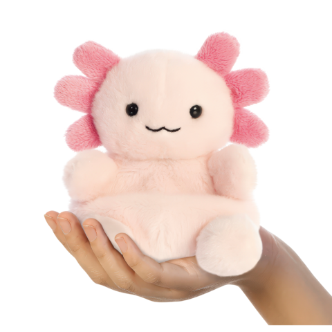 Ein rosa Plüschaxolotl mit einem lächelnden Gesicht und rosa Kiemen sitzt in einer Hand." 

(Note: The text is already in German and does not require translation. It is clear and fluent as it is.)