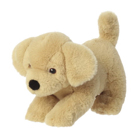 Ein plüschiger, beige Hund mit schwarzen Augen und einem aufrechten Schwanz, der in einer spielerischen Position sitzt.