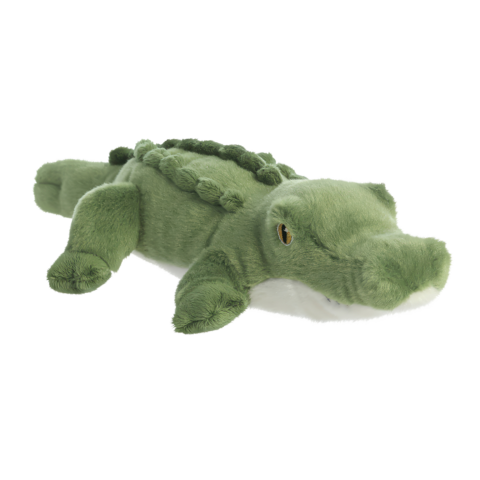 Grünes Plüschkrokodil mit weichem Körper und detaillierten Merkmalen, einschließlich Augen und Rückenstacheln.