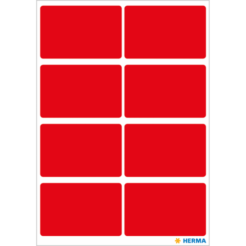Ein Bogen mit zehn roten Aufklebern in rechteckiger Form, angeordnet in zwei Spalten und fünf Reihen.