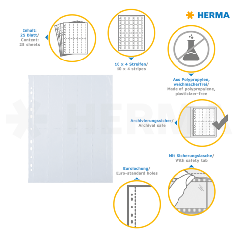 Transparente Sammelmappe aus Polypropylen mit 25 Blättern, Eurolochung und Sicherheitslasche, archivierungssicher und plastikfrei.