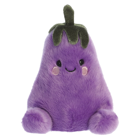 Lila, kuschelige Aubergine mit einem lächelnden Gesicht und grünen Blättern oben. Weiche, runde Formen und freundlicher Ausdruck.
