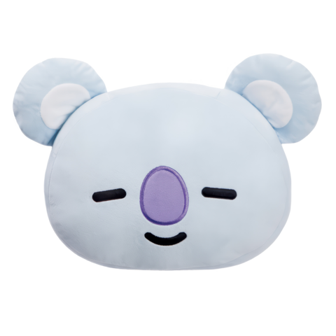 Kissen in Form eines Koalas mit einem lächelnden Gesicht, blauen Ohren und einer lila Nase.