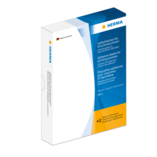 Herkömmliche Haftetiketten für Druckmaschinen in einer Verpackung von HERMA. Enthält Informationen zu Verwendung und Eigenschaften.