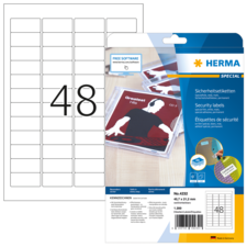 Sicherheitsetiketten auf einem Bogen mit 48 Etiketten, verpackt in einer transparenten Hülle von HERMA.