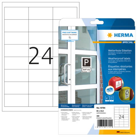 Wetterfeste Etiketten von Herma, Packung mit 480 Etiketten, geeignet für verschiedene Anwendungen, inklusive Softwarehinweis.