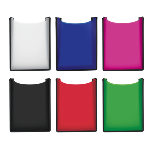 Sechs farbige Kunststoffhüllen in Weiß, Blau, Pink, Schwarz, Rot und Grün, angeordnet in zwei Reihen.