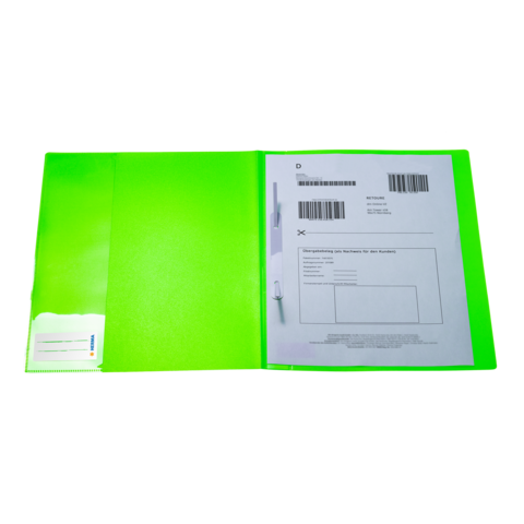Grüner Ordner geöffnet, mit einem Dokument und Barcode auf der rechten Seite. Links ist Platz für weitere Blätter.