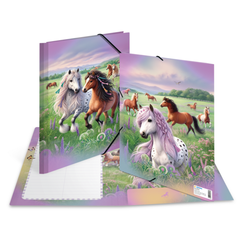 Zwei Ordner mit bunten Pferdemotiven in einer Landschaft, umgeben von weiteren Pferden auf einer Wiese.