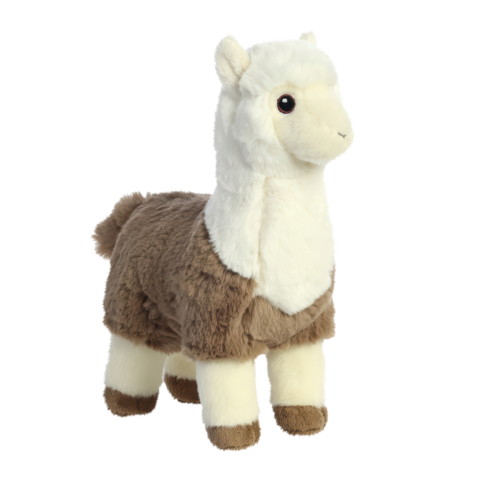 Plüsch-Lama mit braunem und weißem Fell, stehend aufrecht mit einem freundlichen Gesichtsausdruck.