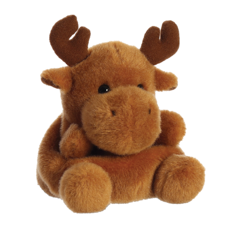 Ein braunes, plüschiges Rentier mit kleinen Hörnern sitzt aufrecht. Es hat große, runde Augen und einen runden Körper.