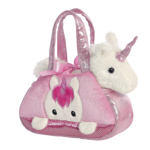 Rosa Handtasche mit einem Plüsch-Einhorn, das aus der Tasche schaut. Die Tasche hat glitzernde Details und eine Schleife.