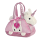 Rosa Handtasche mit einem Plüsch-Einhorn, das aus der Tasche schaut. Die Tasche hat glitzernde Details und eine Schleife.
