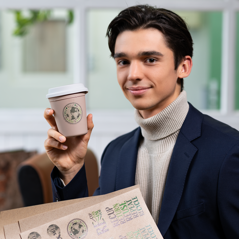 Ein junger Mann in einem schicken Outfit hält einen Kaffeebecher in der Hand und lächelt. Im Hintergrund sind Möbel und Fenster zu sehen.