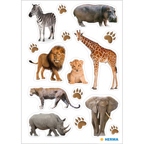 Tieraufkleber mit einem Zebra, Nilpferd, Löwen, Löwenjungtier, Giraffe, Leopard, Elefant und Nashorn, umgeben von Pfotenabdrücken.