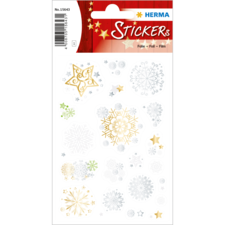 Bogen mit verschiedenen Aufklebern, darunter Sterne und Schneeflocken in Gold, Silber und Weiß, auf einem roten Hintergrund.
