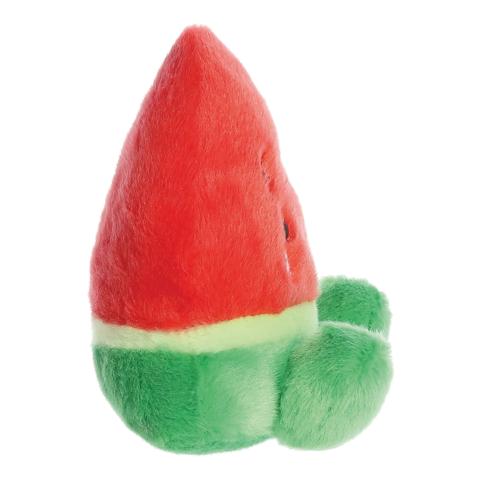 Plüschfigur in Form einer Wassermelone mit rotem Oberteil und grünem Boden, die eine fruchtige und verspielte Darstellung bietet.