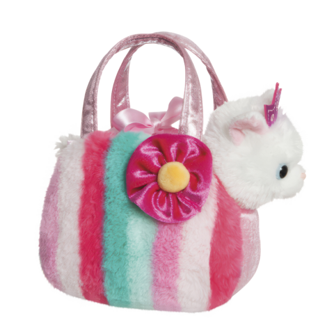 Streifige, plüschige Handtasche in Rosa, Grün und Weiß mit einer weißen Katzenfigur und einer blühenden Verzierung auf der Vorderseite.