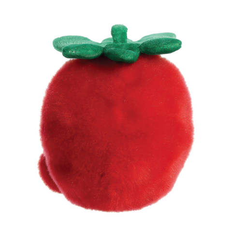 Runde, rote Plüschtomate mit grünen Blättern oben."
(Note: The text is already in German and does not require translation. It is clear and fluent as it is.)