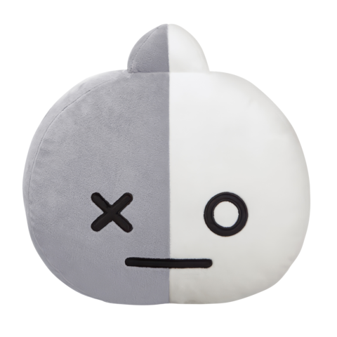 Rundes Kissen in zwei Farben, grau und weiß, mit einem minimalistischen Gesicht: ein Auge, ein strichförmiger Mund und ein Kreuzsymbol.