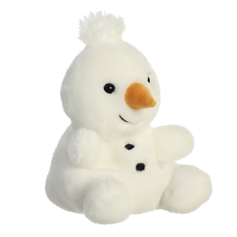 Plüschschneemann mit orangefarbener Nase, schwarzen Knöpfen und einem weißen Pompon auf dem Kopf, sitzt aufrecht.