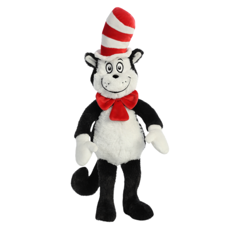 Ein Plüschspielzeug eines schwarz-weißen Katers mit einem rot-weißen gestreiften Hut und roter Schleife.