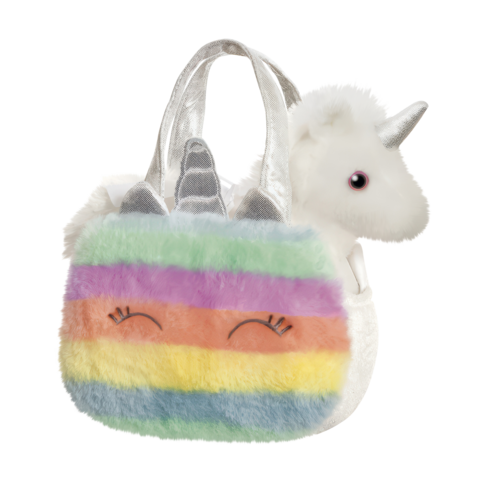 Bunte, plüschige Tasche in Regenbogenfarben mit einem lächelnden Gesicht und einem weißen Einhorn als Anhänger.