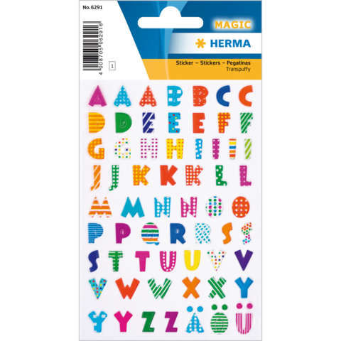 Bunte Buchstaben-Sticker in verschiedenen Designs und Farben, angeordnet in einem Raster auf einer Verpackung.