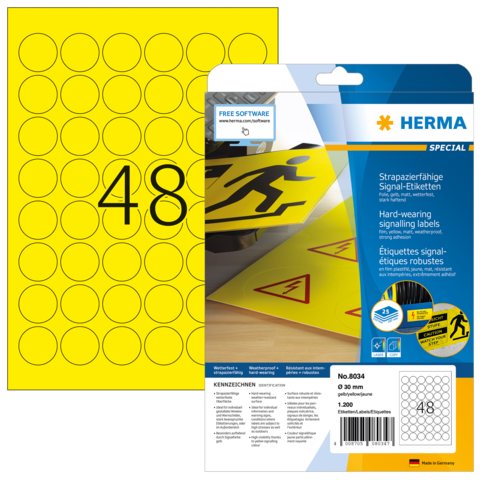 Gelbe Etiketten mit runden Aufklebern, verpackt in einer transparenten Hülle, mit der Aufschrift "48" und Hinweisen zu strapazierfähigen Signal-Etiketten.