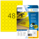 Gelbe Etiketten mit runden Aufklebern, verpackt in einer transparenten Hülle, mit der Aufschrift "48" und Hinweisen zu strapazierfähigen Signal-Etiketten.