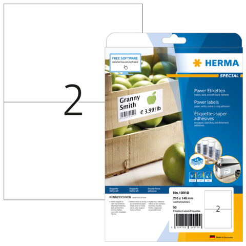 Etikettenpackung von Herma mit der Aufschrift "Granny Smith" und Preisangabe, umgeben von grünen Äpfeln.